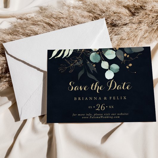 Gold Floral Calligraphy Blue Horizontal Wedding Save The Date