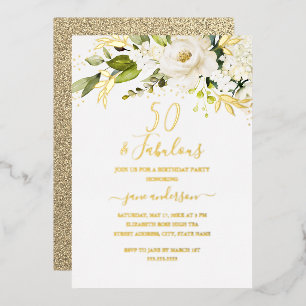 Gold Floral Champagne 50 & Fabulous Birthday Folie Uitnodiging
