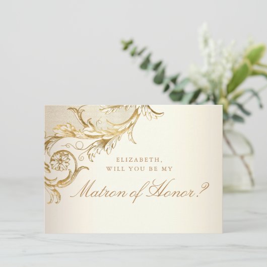 Gold Floral Damask Script Matron of Honor Kaart (Staand voorkant)