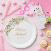  Gold Floral Damask Script Names Wedding Papieren Bordje (Feest)