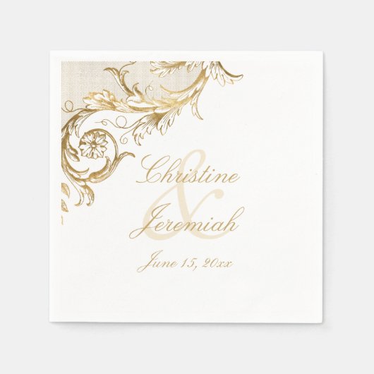  Gold Floral Damask Script Names Wedding Servet (Voorkant)
