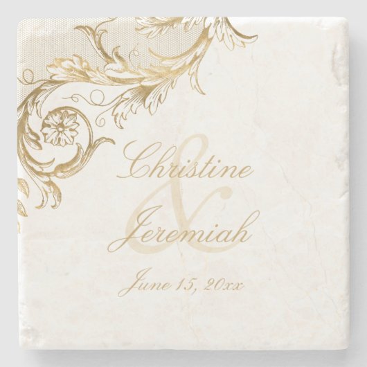 Gold Floral Damask Script Names Wedding Stenen Onderzetter (Voorkant)