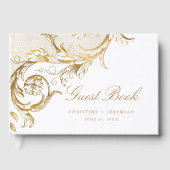  Gold Floral Damask Script White Wedding Gastenboek (Voorkant)
