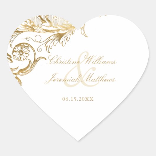  Gold Floral Damask Script White Wedding Hart Sticker (Voorkant)
