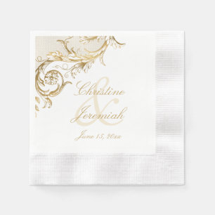 Gold Floral Damask Script White Wedding Servet