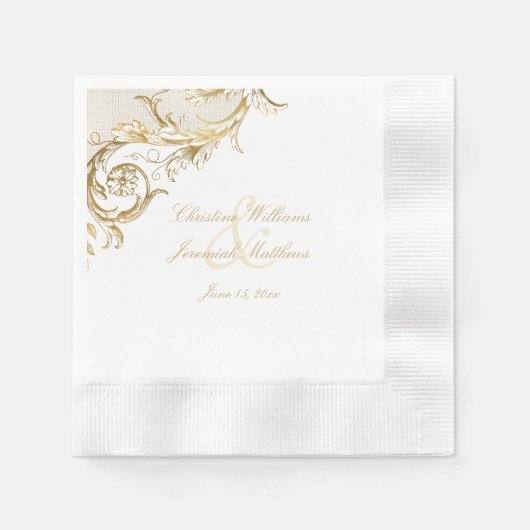  Gold Floral Damask Script White Wedding Servet (Voorkant)