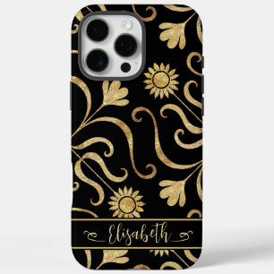Gold Floral Damask Sunflower Classy Black Folk Art iPhone 16 Pro Max Hoesje