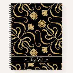 Gold Floral Damask Sunflower Classy Black Folk Art Notitieboek