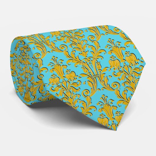 Gold Floral Damask Turquoise Wedding Stropdas (Opgerold)