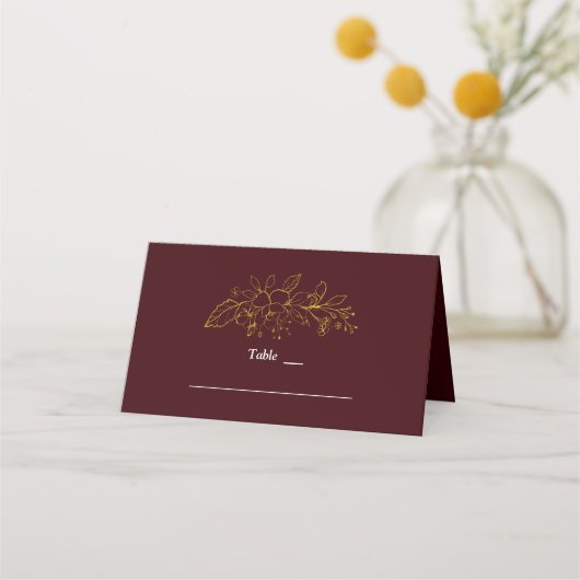 Gold Floral Deep Burgundy Wedding Table Number (Voorkant)