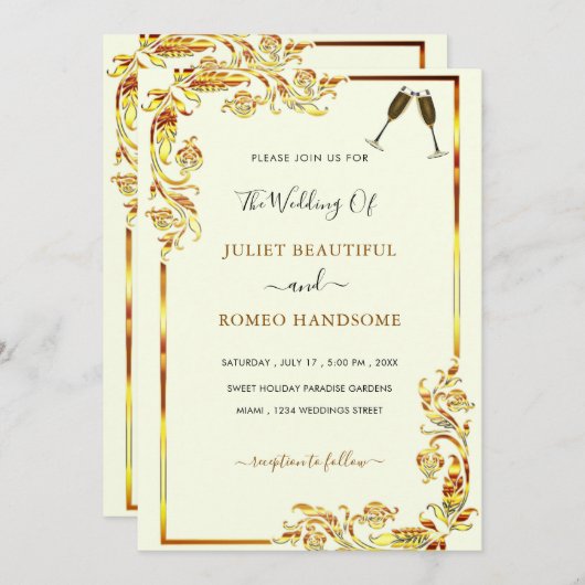 Gold Floral Design Invitations de mariage Exemple (Devant / Derrière)