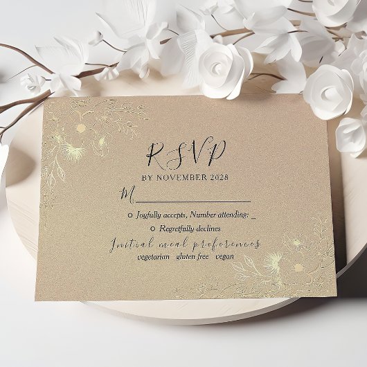 Gold Floral Elegant Wedding Carte RSVP