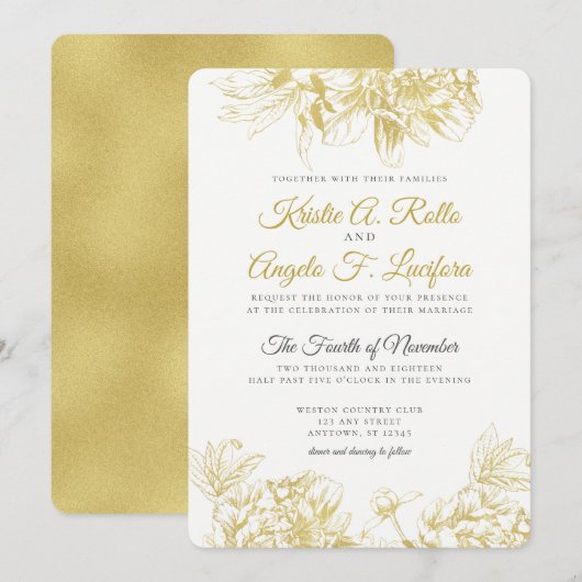 Gold Floral Elegant Wedding Invitation Kaart (Voorkant / Achterkant)