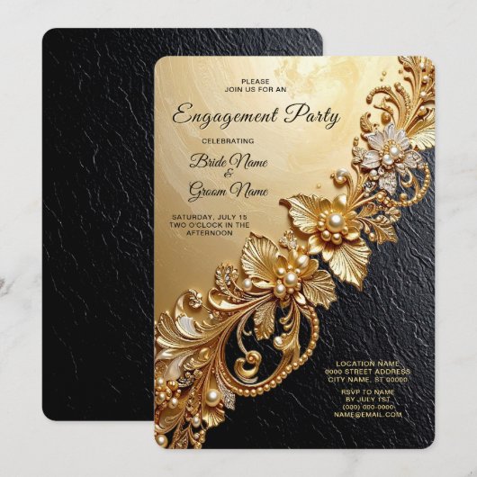 Gold Floral Embellishments Engagement Invitation (Devant / Derrière)