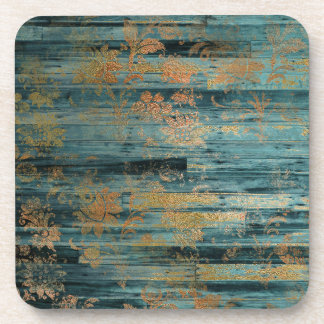 Gold Floral en Blue Rustic Wood - ontkoppeling Bier Onderzetter