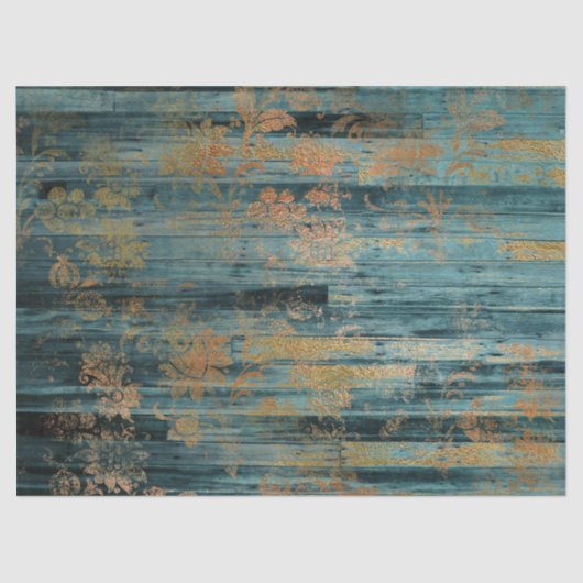 Gold Floral en Blue Rustic Wood - ontkoppeling Tissuepapier (Voorkant)
