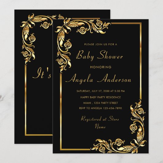 Gold Floral encadré bébé fille douche Invitation (Devant / Derrière)