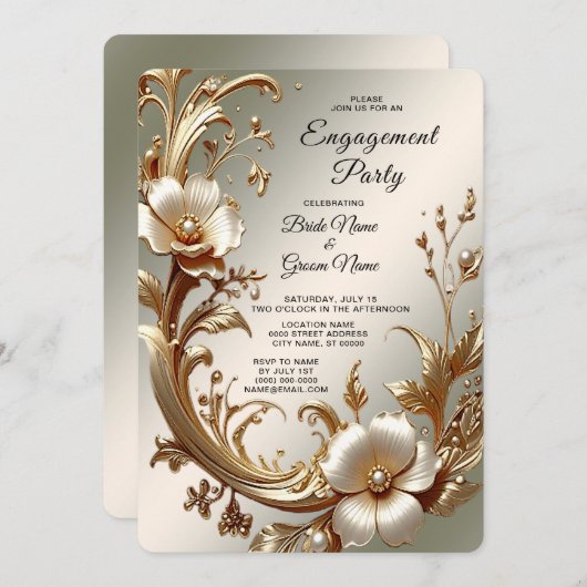 Gold Floral Engagement Invitation (Devant / Derrière)