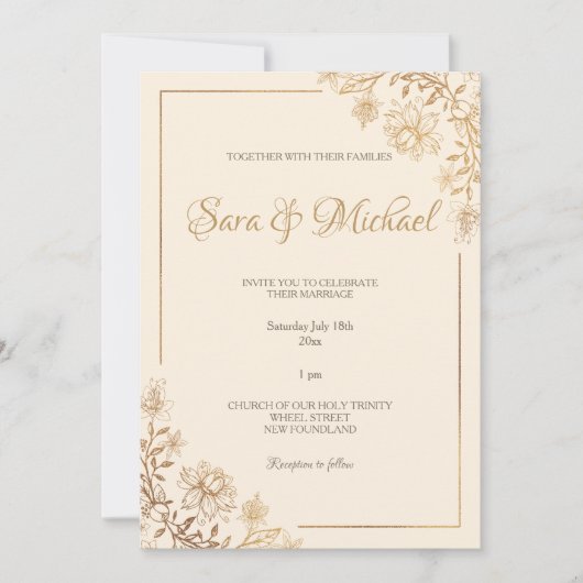 Gold Floral Flourish Wedding Invitation Kaart (Voorkant)