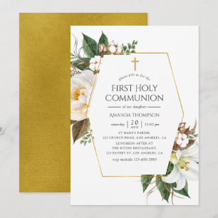 Gold Floral Geometric First Heilige Communie Kaart