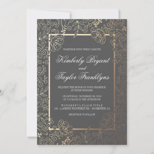 Gold Floral Grey Vintage Wedding Invitation (Devant)