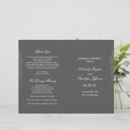 Gold  Floral Grey Wedding Programma's (Staand voorkant)