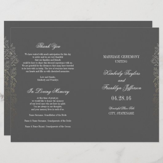Gold  Floral Grey Wedding Programma's (Voorkant / Achterkant)