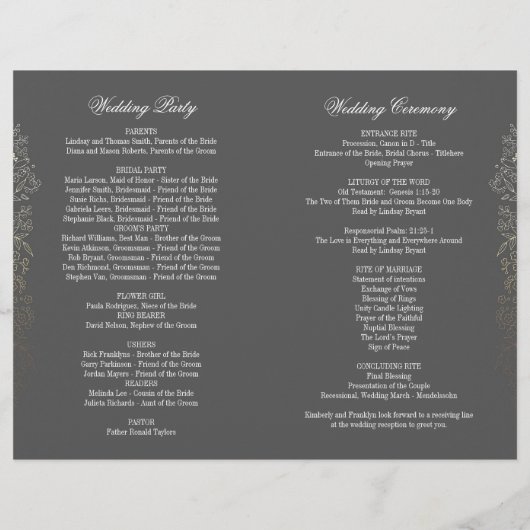 Gold  Floral Grey Wedding Programma's (Achterkant)