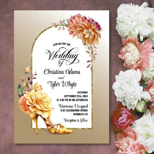 Gold Floral High Hiel Gold Arch Weddenschap Kaart