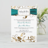 Gold Floral Invite met Blauwgroen Bow Kaart (Staand voorkant)