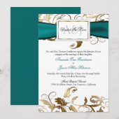 Gold Floral Invite met Blauwgroen Bow Kaart (Voorkant / Achterkant)