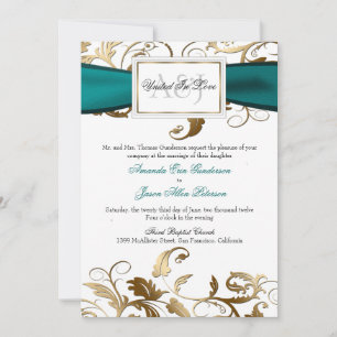 Gold Floral Invite met Blauwgroen Bow Kaart