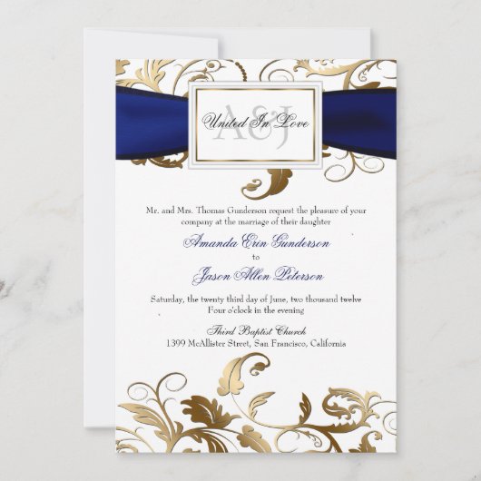 Gold Floral Invite met Navy Bow Kaart (Voorkant)