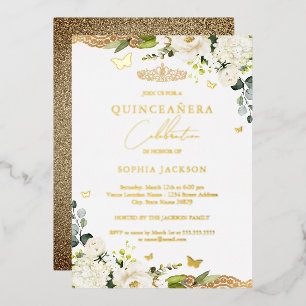 Gold Floral Lace Quinceanera 15e verjaardag Folie Uitnodiging