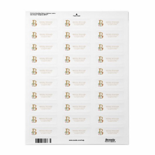 Gold floral Lettering - Monogram B Etiket (Full Sheet)