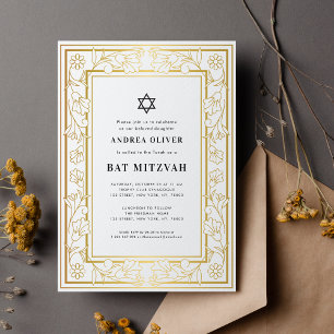 Gold Floral Lijst Star van David Bar Bat Mitzvah Kaart