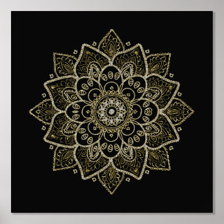 Gold Floral Mandala op zwart Folie Afdrukken