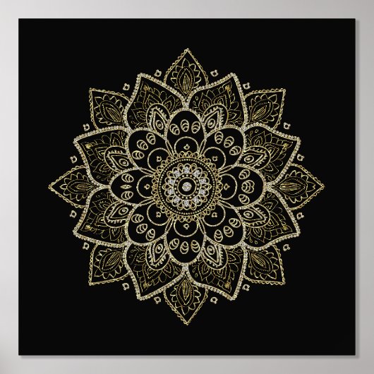 Gold Floral Mandala op zwart Folie Afdrukken (Voorkant)