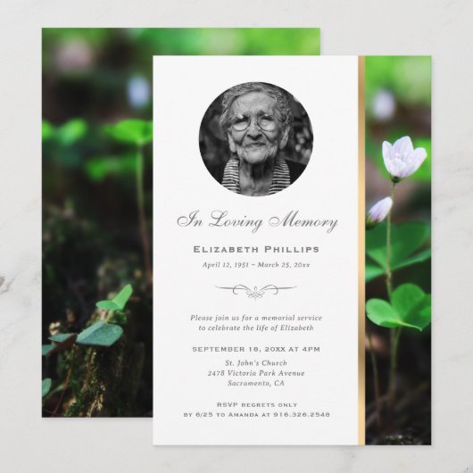 Gold Floral Memorial Service Photo Invitations (Devant / Derrière)