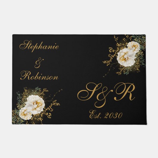 Gold Floral Monogram Logo Wedding Deurmat (Voorkant)