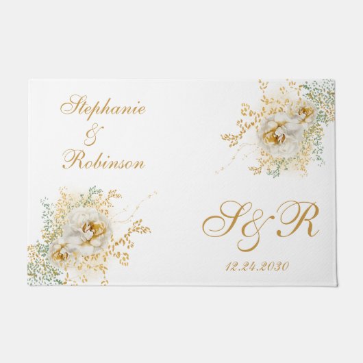 Gold Floral Monogram Logo Wedding Gift Deurmat (Voorkant)
