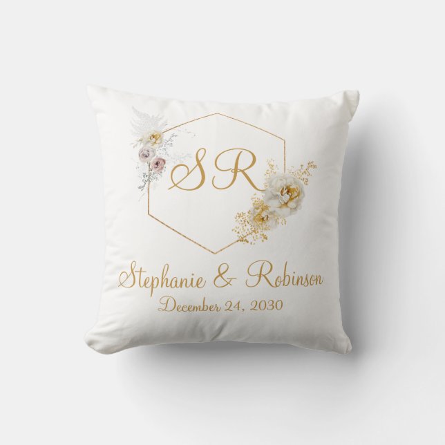Gold Floral Monogram Logo Wedding Gift Kussen (Voorkant)