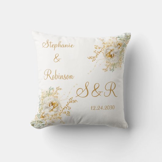 Gold Floral Monogram Logo Wedding Sierkussen (Voorkant)
