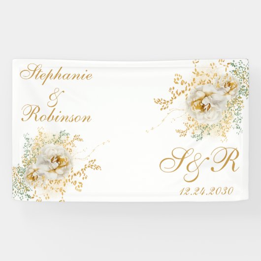 Gold Floral Monogram Logo Wedding Spandoek (Horizontaal)