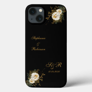 Gold Floral monogram op zwarte bruiloft iPhone 13 Hoesje