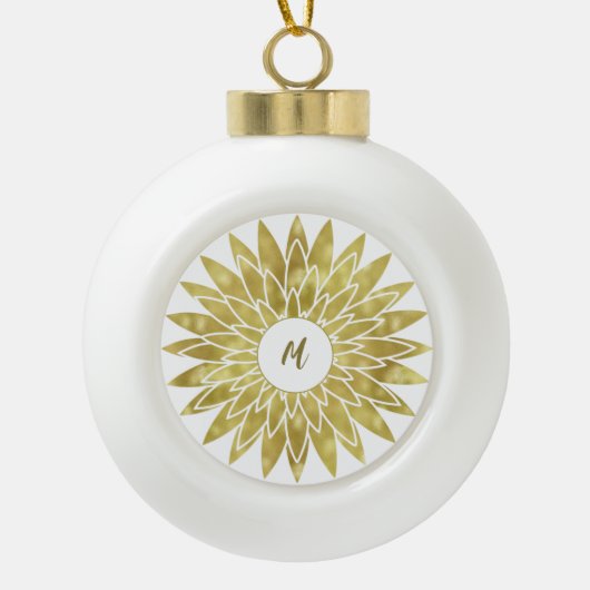 Gold Floral Monogram Patroon Keramische Bal Ornament (Voorkant)