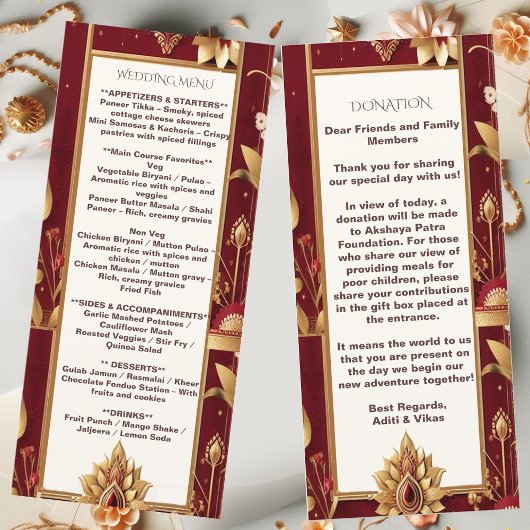 Gold Floral Motif Ornate Asymmetric Indian Wedding Menu