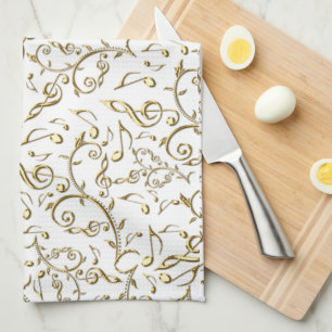 Gold Floral Music Pattern op White of any Color Theedoek