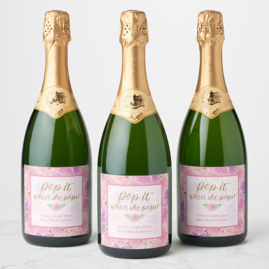 Gold Floral Pop het als ze Baby shower Pop Sparkling Wijnetiket (Flessen)