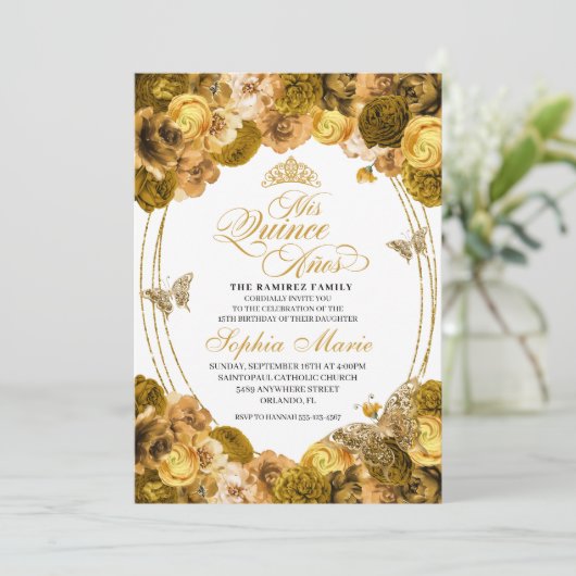 Gold Floral Quinceanera Invitation Anniversaire (Debout devant)